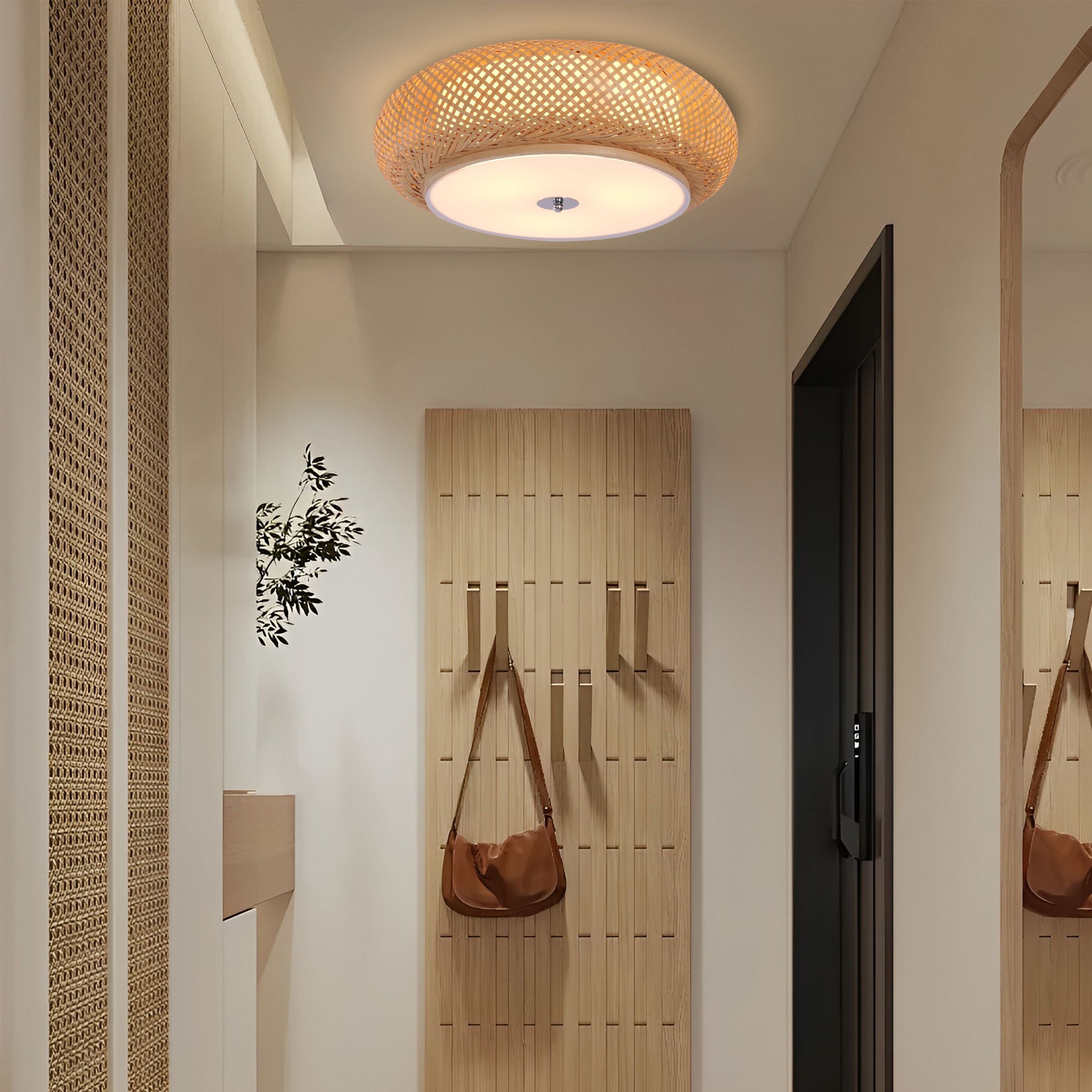 bamboo ceiling light in a narrow hallway
