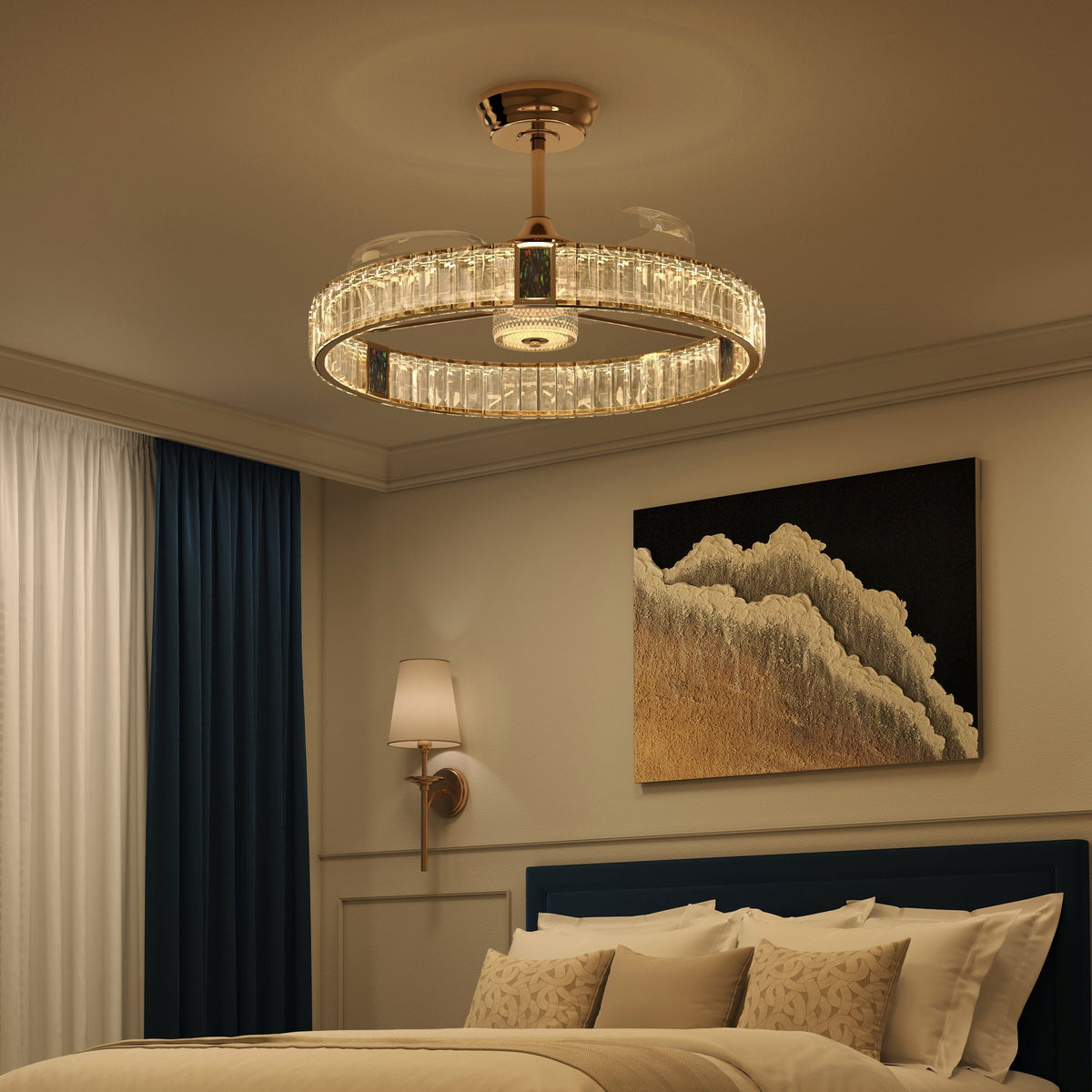 60cm gold ceiling fan with LED light and crystal accents for dining rooms