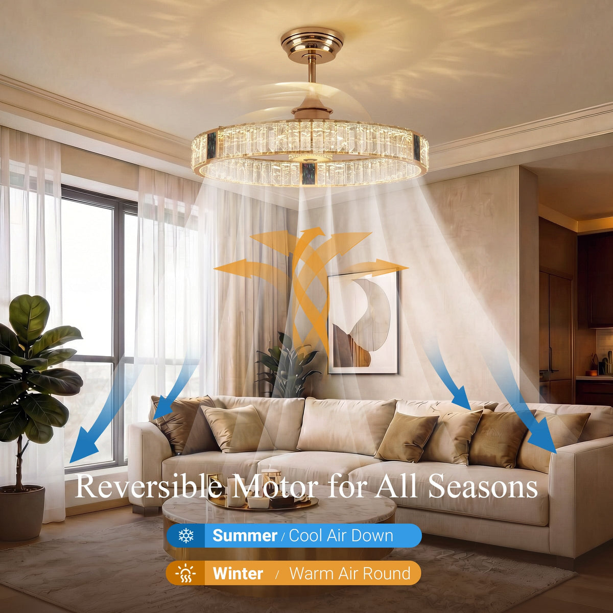 Lightsin 60cm Gold Crystal Ceiling Fan with LED Light, Remote Control & 6 Speeds Lightsin UK