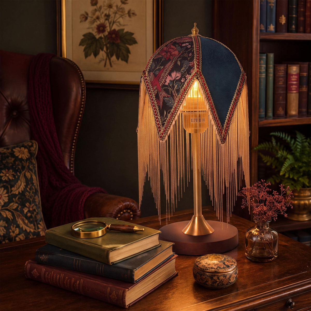 mid-century tassel table lamp glowing on a bedside table