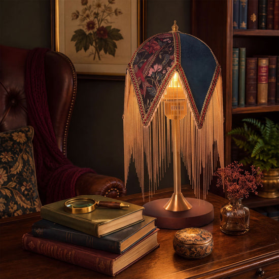 mid-century tassel table lamp glowing on a bedside table