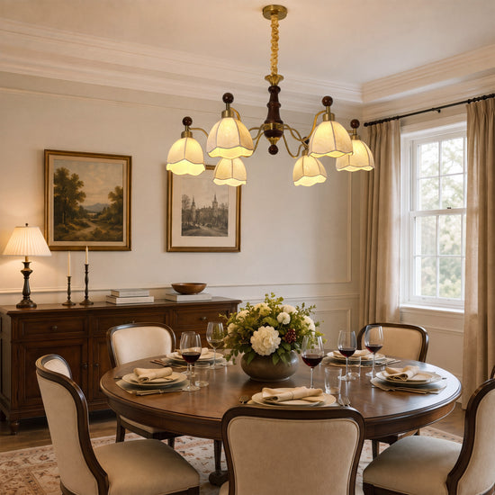 6-light chandelier with yellow fabric shades with close-up glass flower detail