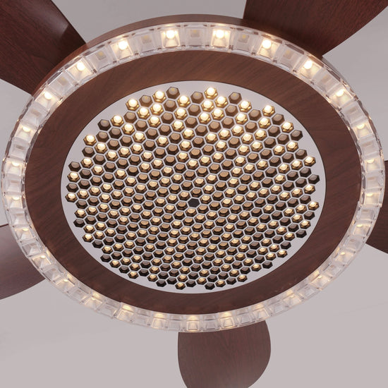 48 inch reversible ceiling fan with LED light shown from below with LED light on