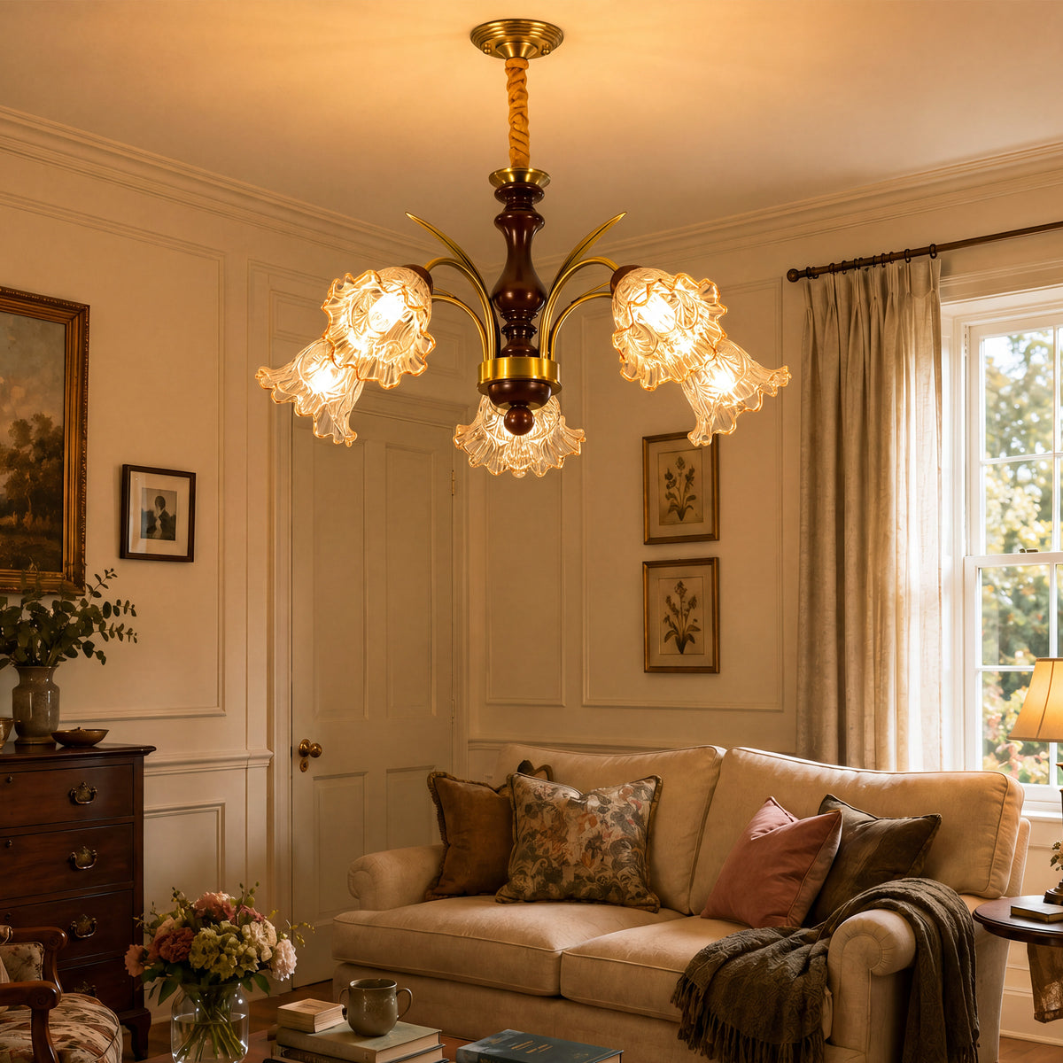 5-light copper chandelier with flower glass shades glowing above a dining table