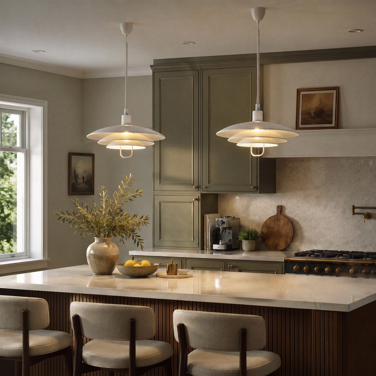 white layered minimalist pendant light shown as a clean product view