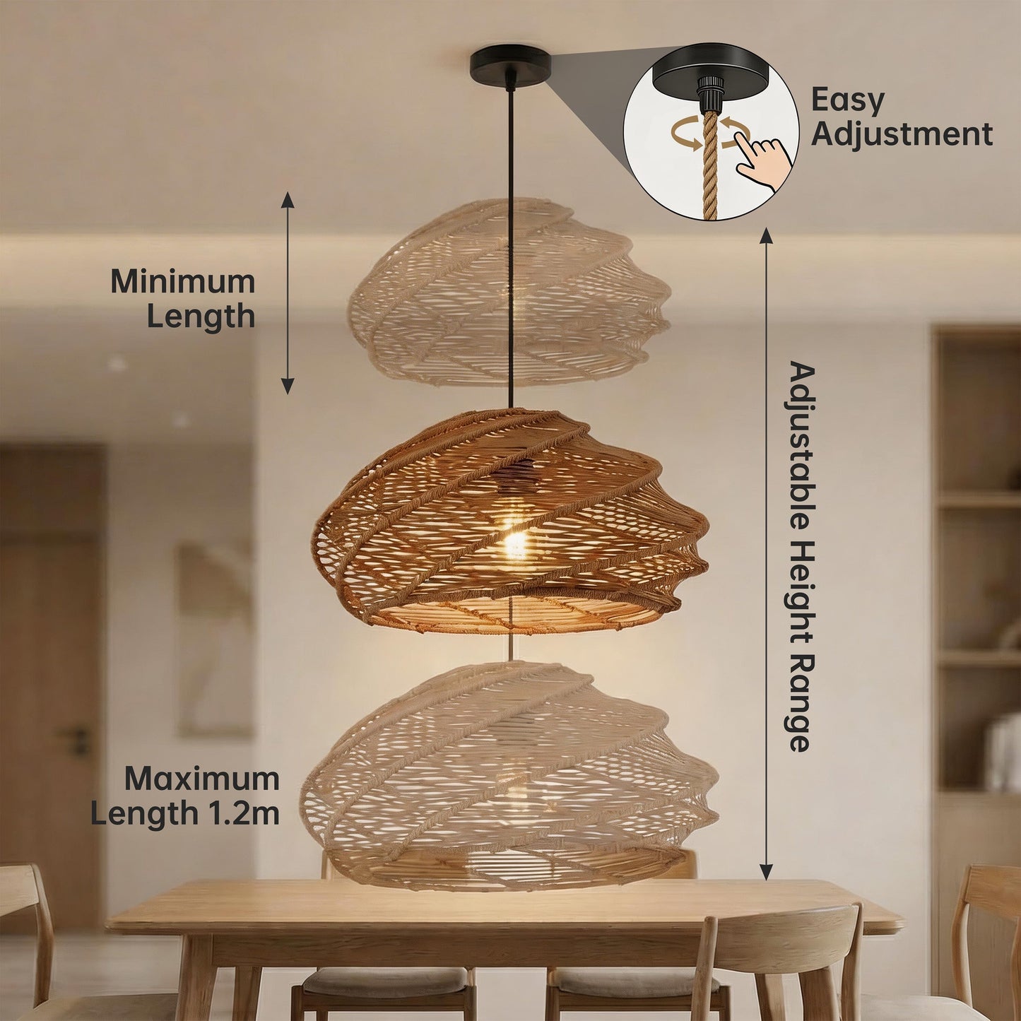 spiral rattan pendant light height adjustment graphic with cable range