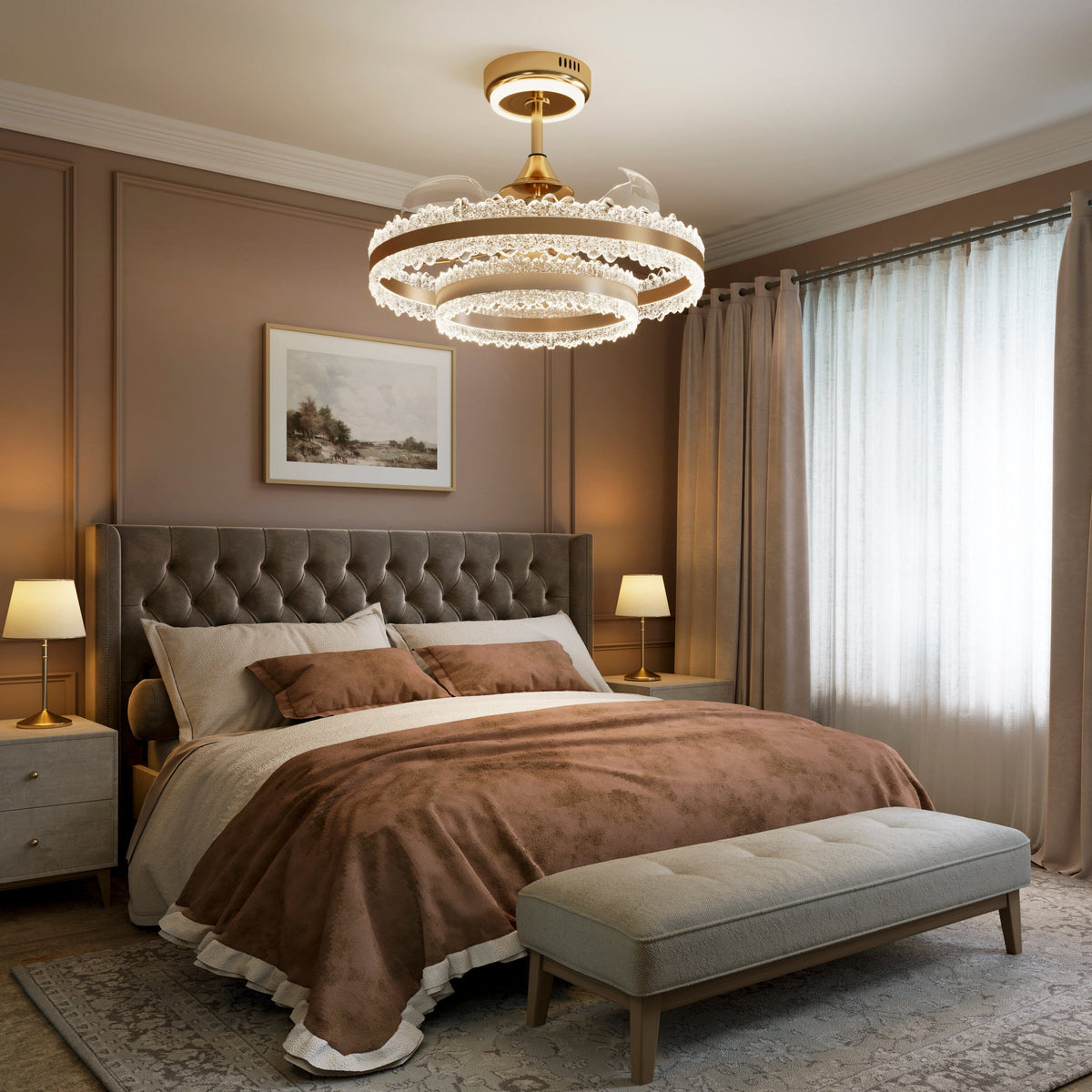 Gold crystal ceiling fan light in neutral white above a modern bedroom