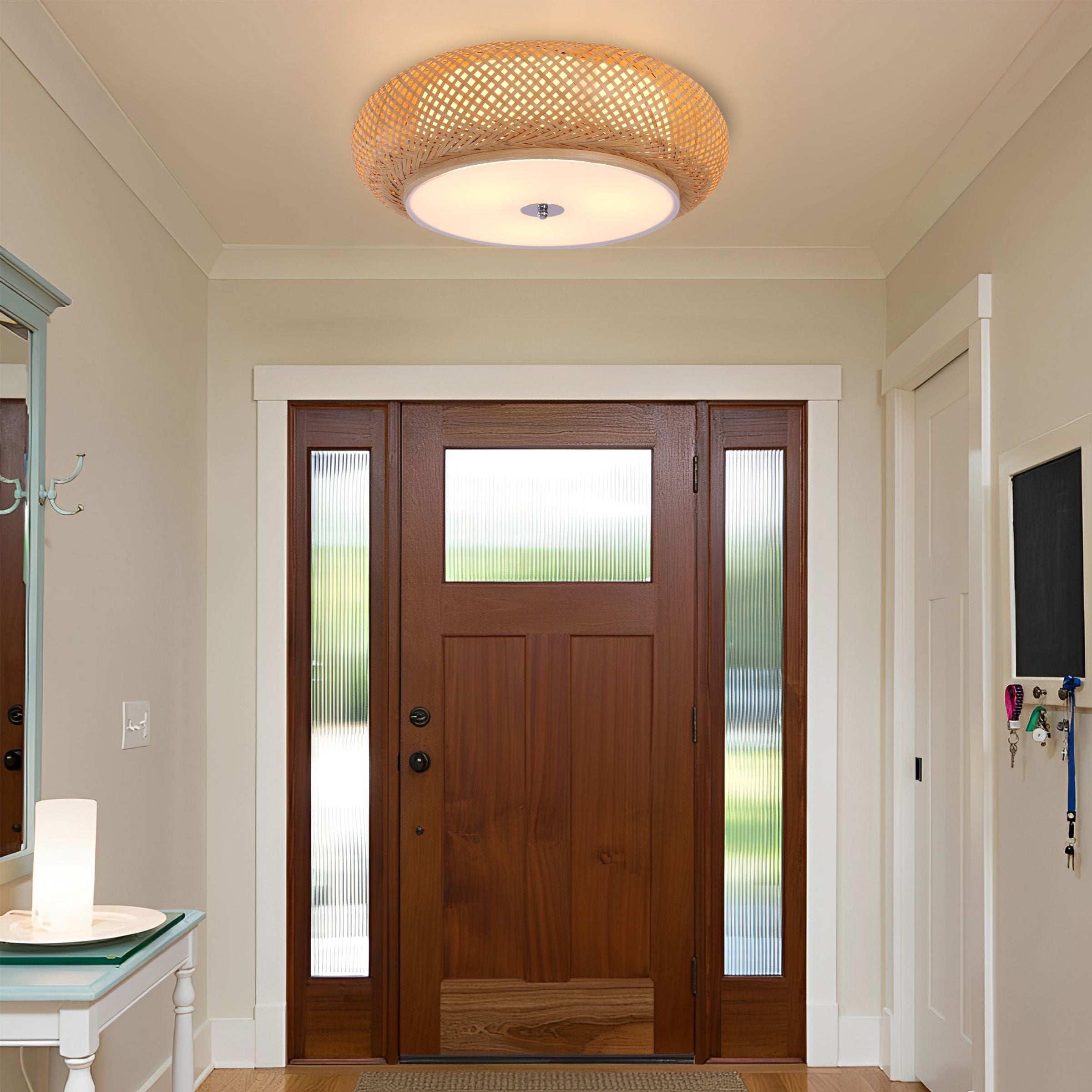bamboo ceiling light in an entryway by a wood door