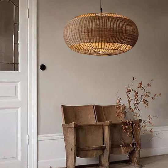 Lightsin Handcrafted Rattan Pendant Light in Flat Round Basket Shape Lightsin UK