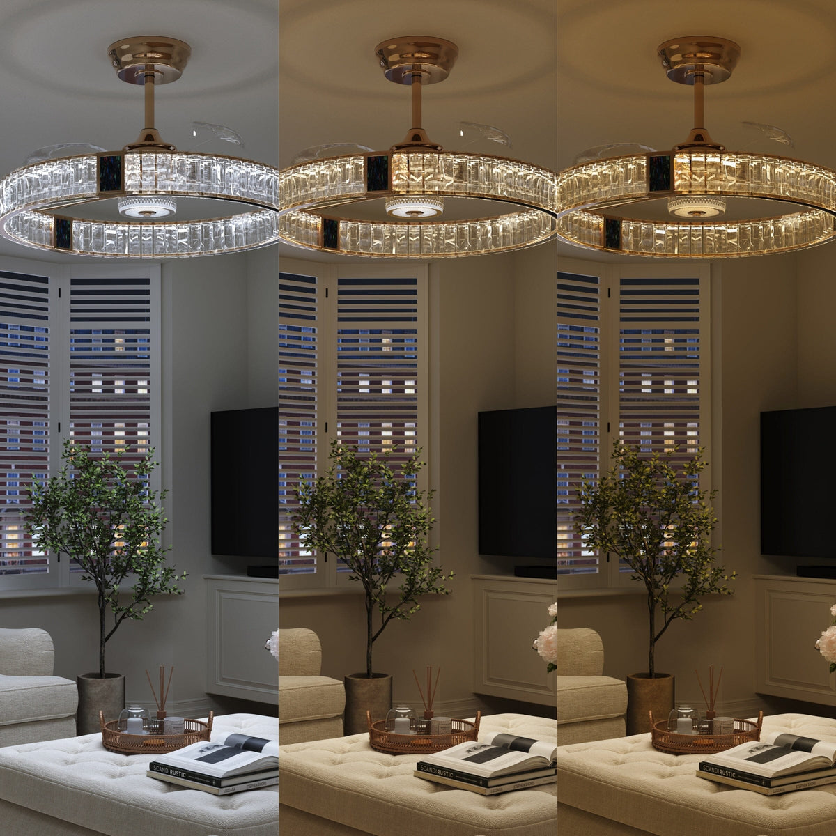 60cm gold crystal ceiling fan light with reversible airflow and 6 speeds