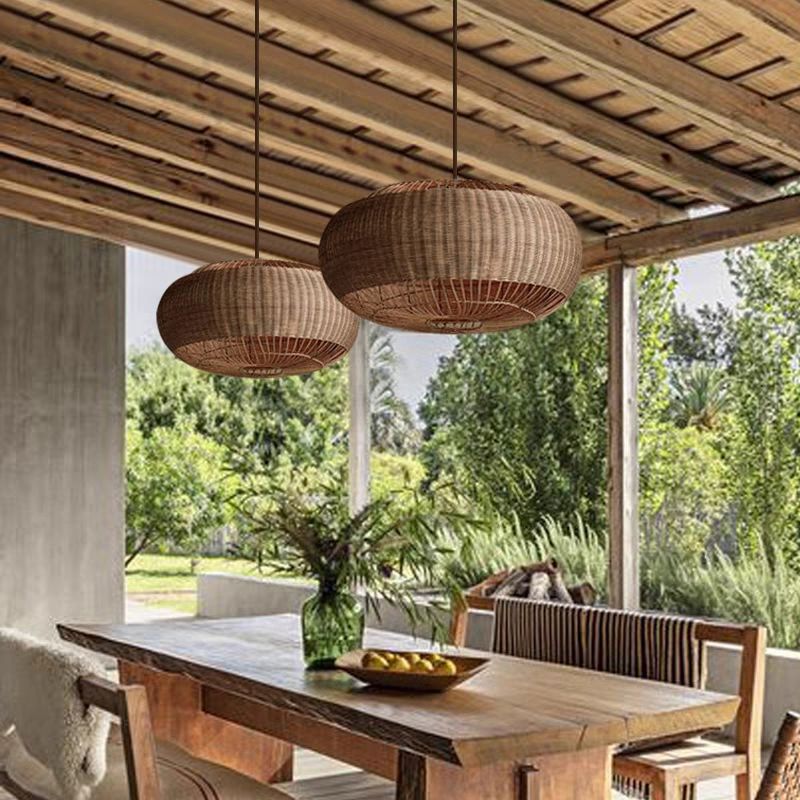 Lightsin Handcrafted Rattan Pendant Light in Flat Round Basket Shape Lightsin UK 60cm Dia×33cm 2 Units