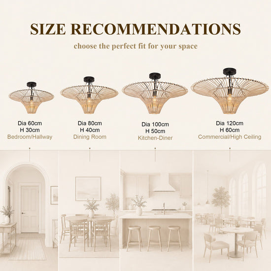 Size guide for 60cm to 120cm flying saucer rattan ceiling lights by room