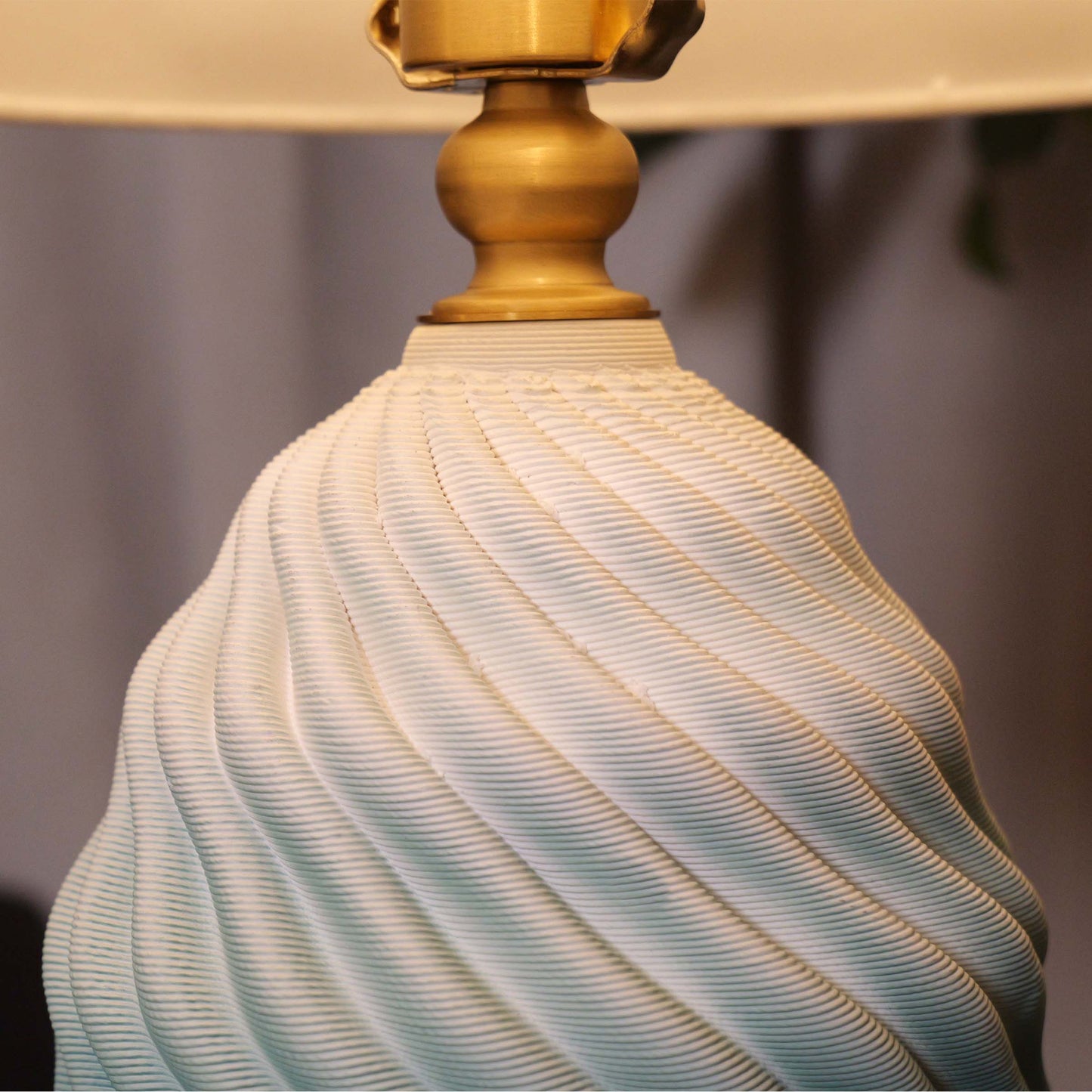 3D Blue Green White Gradient Threaded Ceramic Table Lamp with Fabric Shade