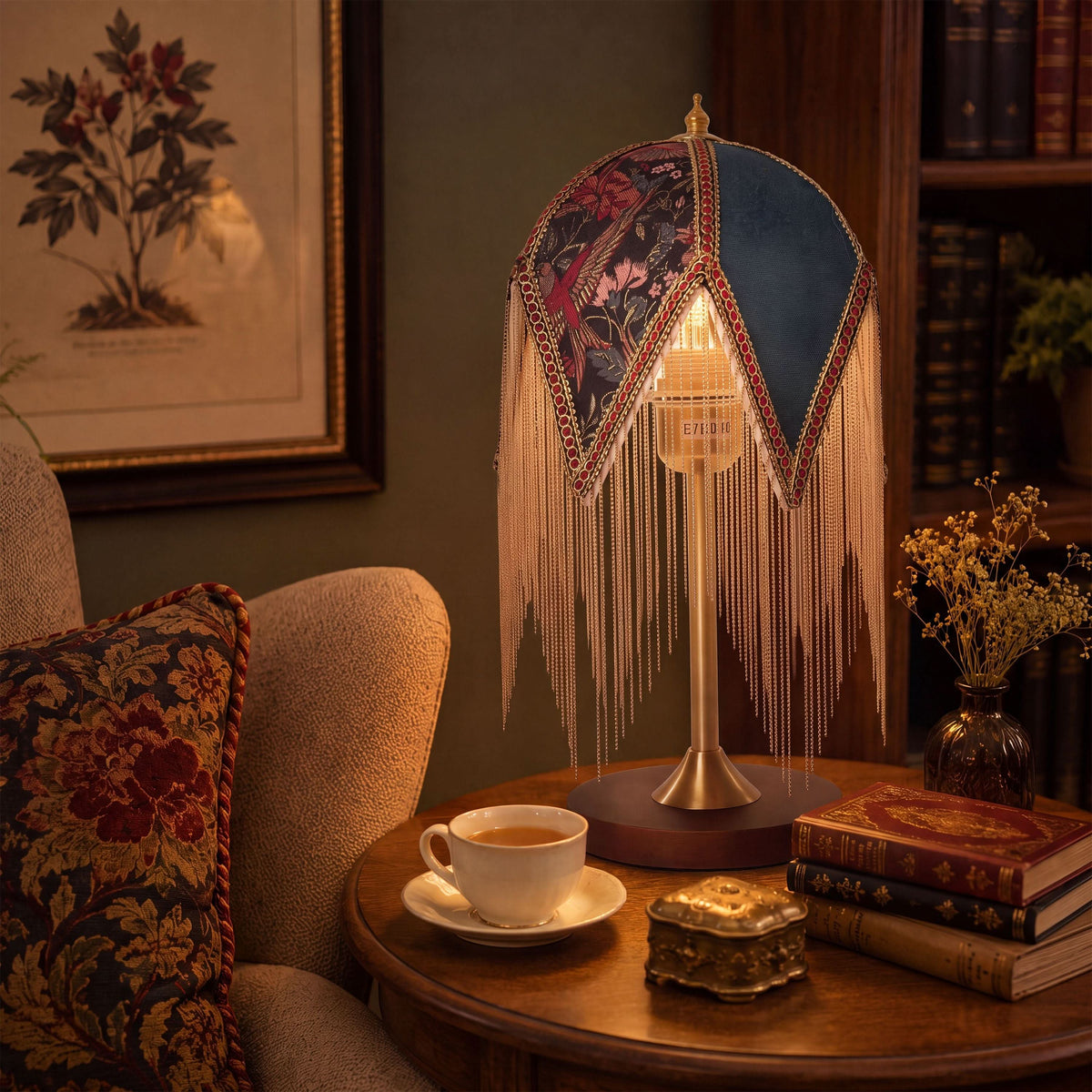 mid-century tassel table lamp with a warm diffused glow