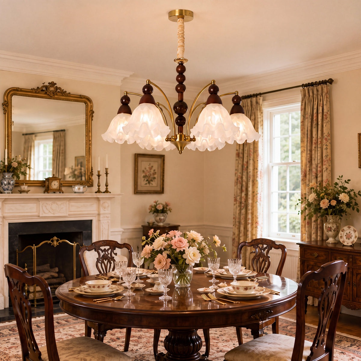 6-light chandelier with white glass shades brightening a traditional dining room