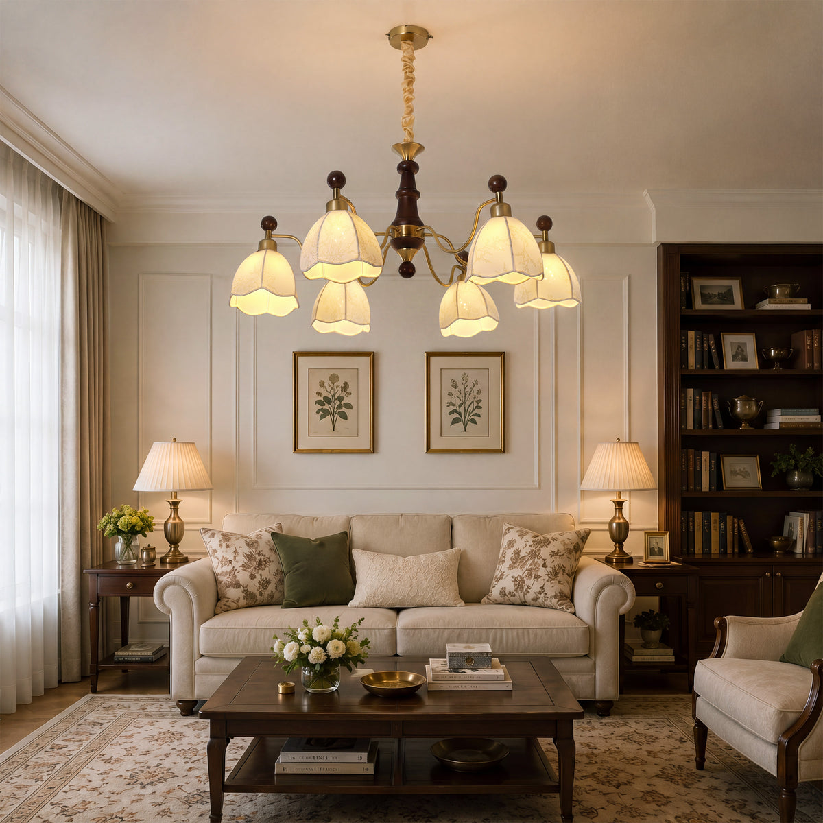 6-light chandelier with yellow fabric shades brightening a traditional dining room