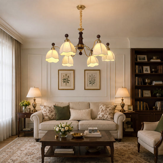 6-light chandelier with yellow fabric shades brightening a traditional dining room