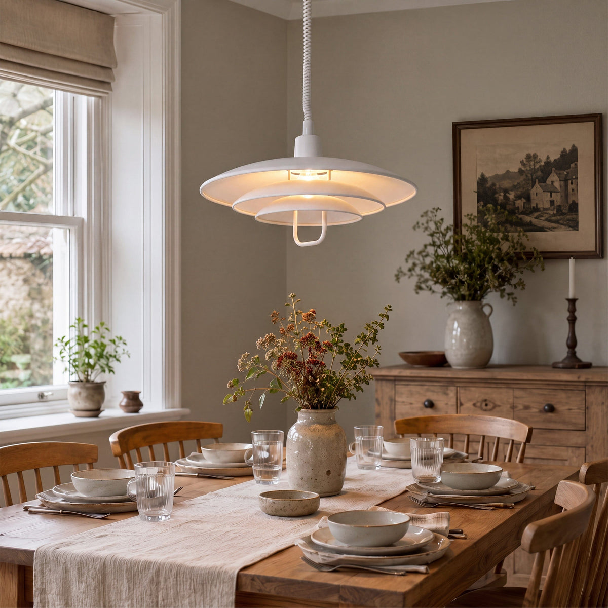 white layered minimalist pendant light over a kitchen island