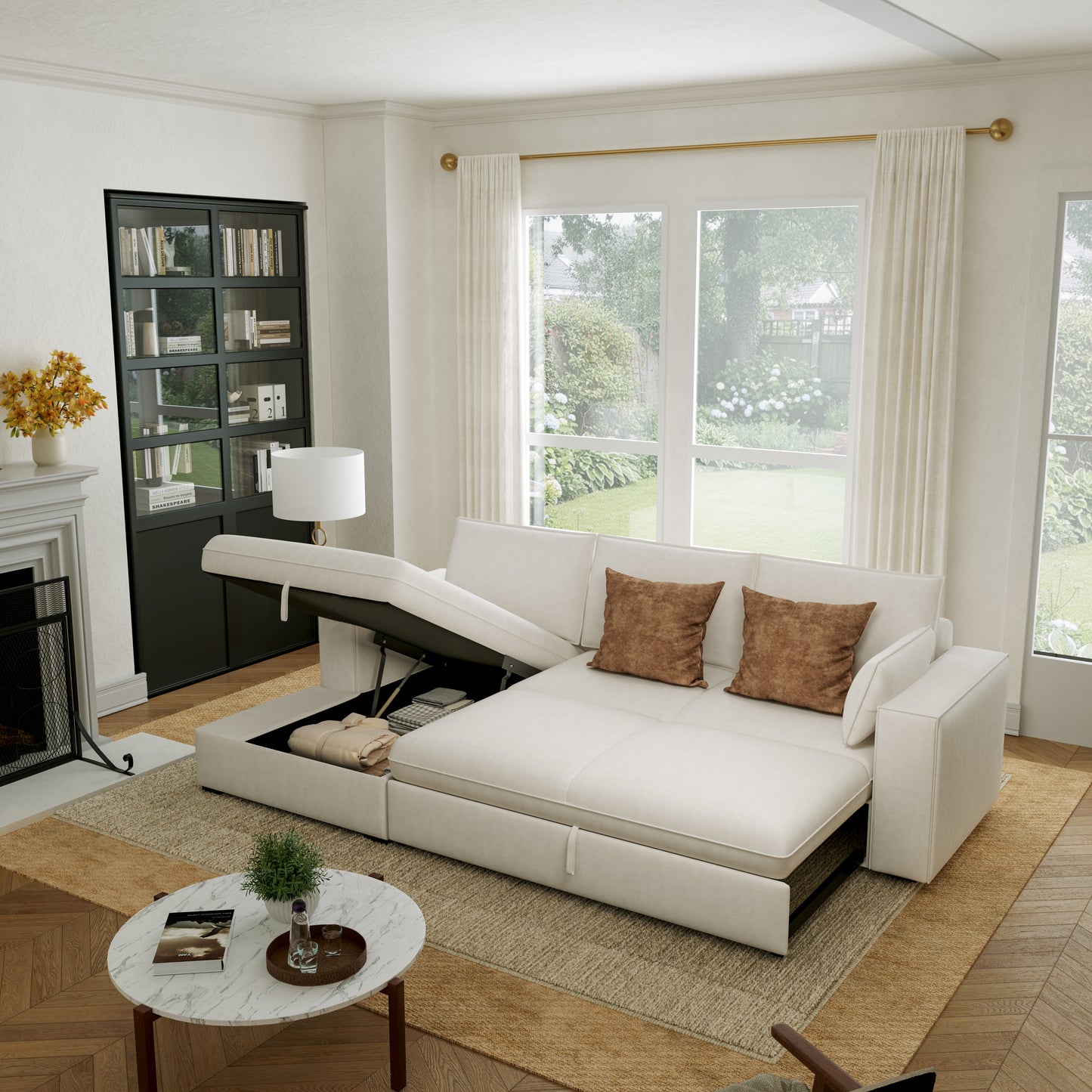 Creamy Tofu Block Pullout Sofa Bed with Storage