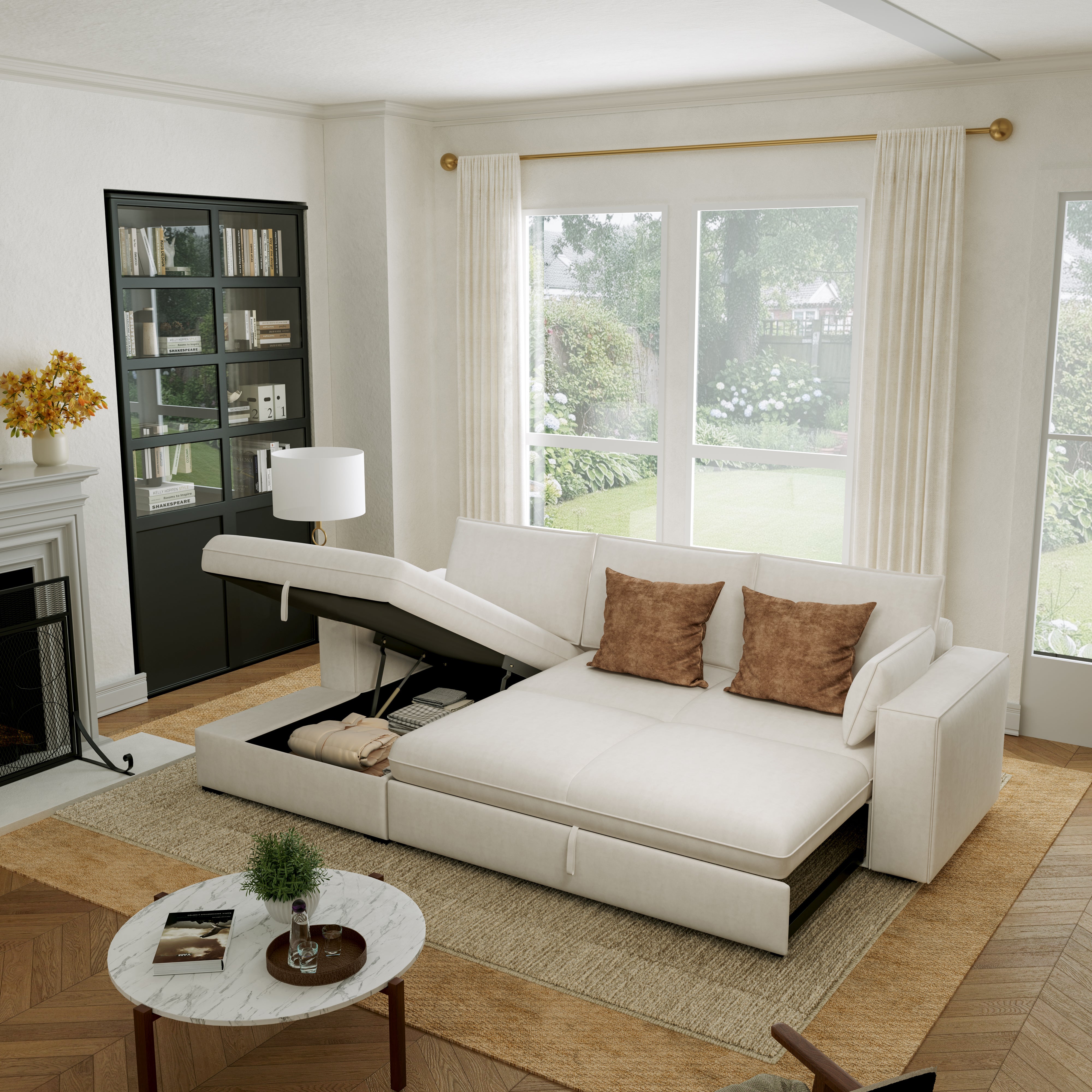 Creamy Tofu Block Pullout Sofa Bed with Storage
