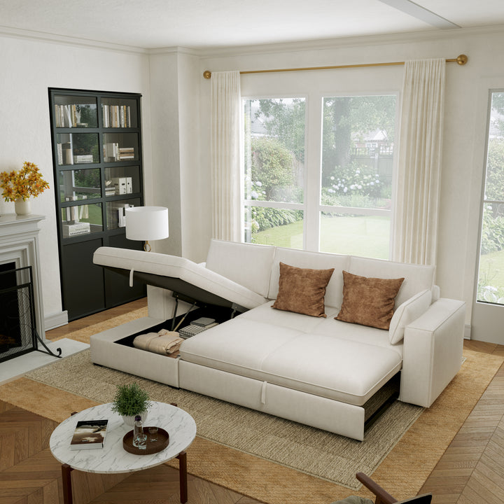 Creamy Tofu Block Pullout Sofa Bed with Storage
