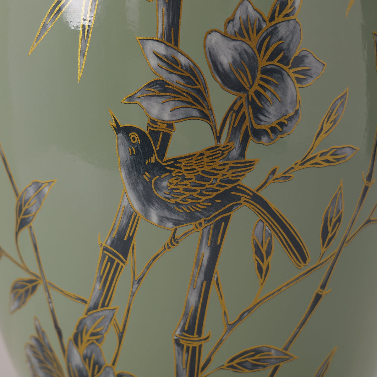 Green Bamboo & Bird Ceramic Table Lamp with Seamless Dimming