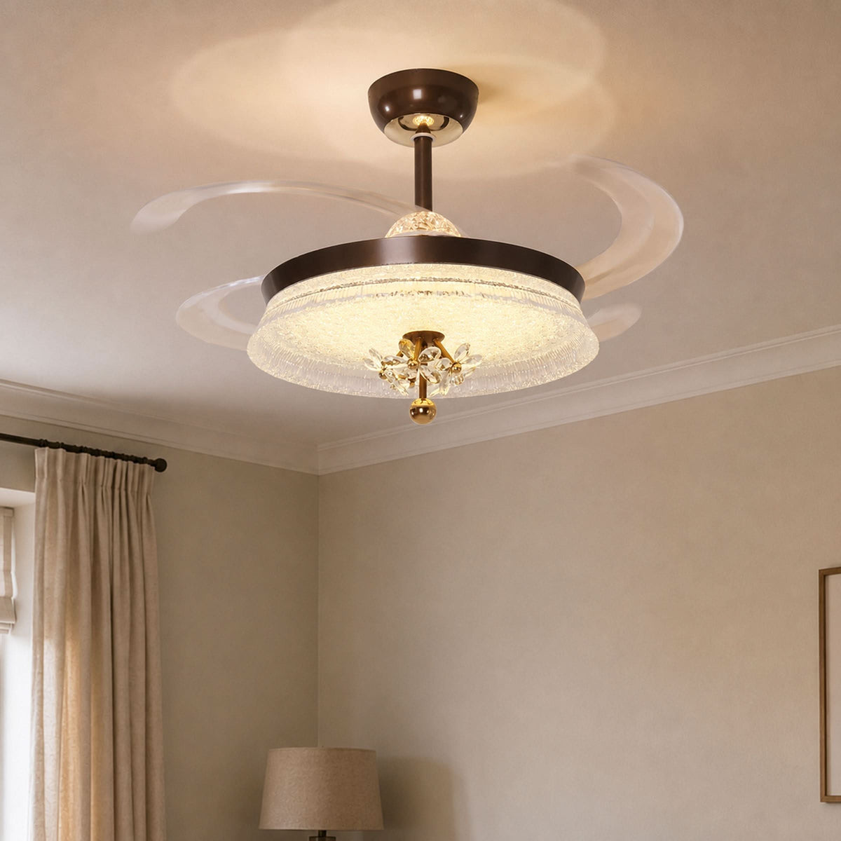 36 inch reversible ceiling fan with LED light cooling a bright bedroom