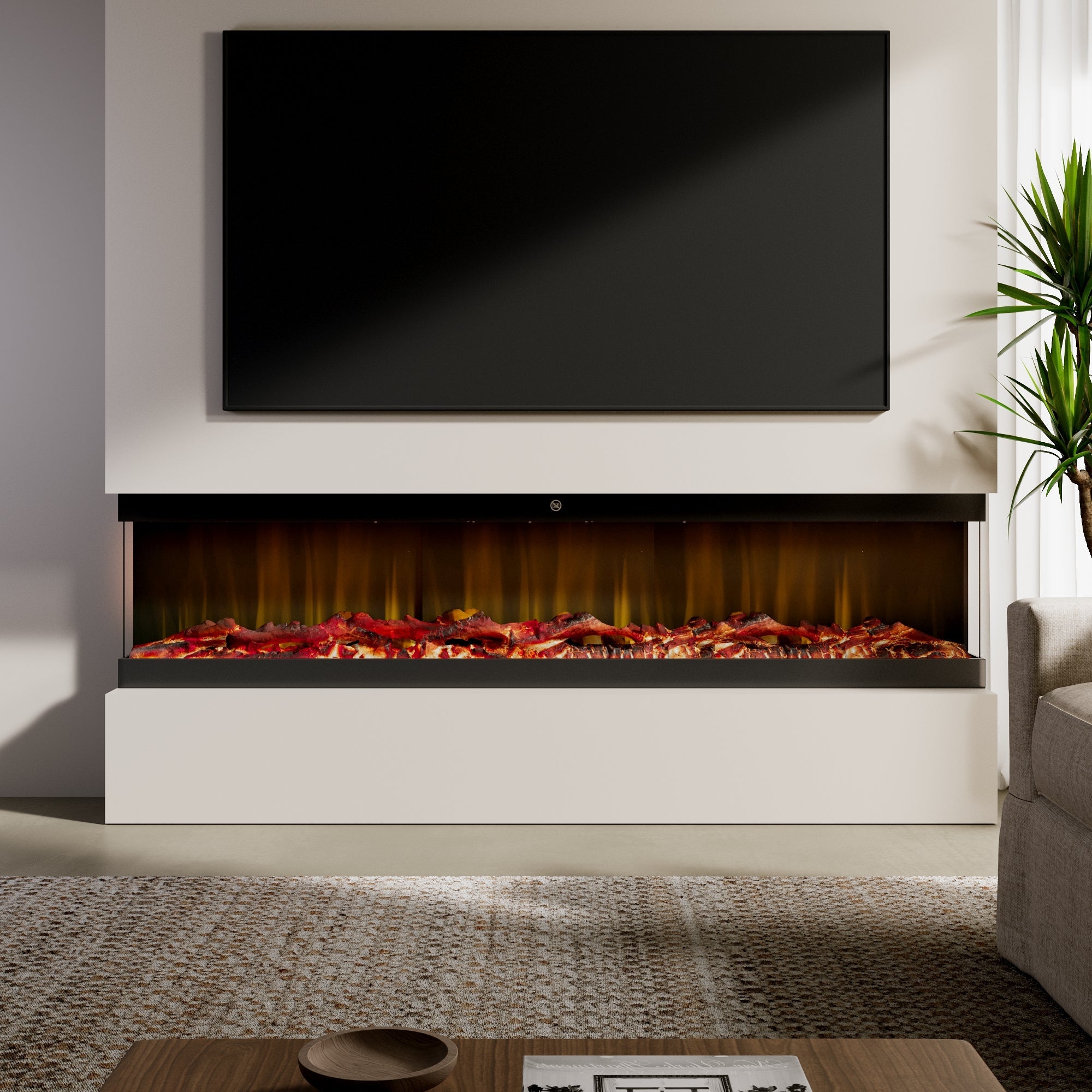 42/48/56/72inch 3-Sided Black/White Electric Fireplace with Remote Control, WiFi Function, Adjustable LED Flames and Heating Modes