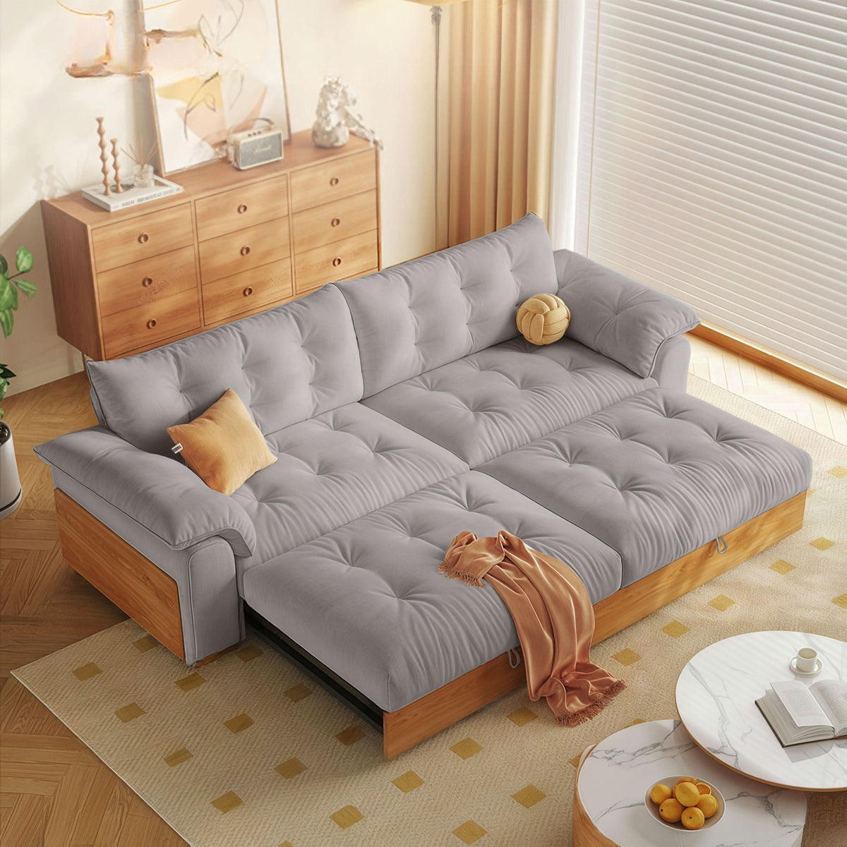 livingnest Solid Wood Folding Sofa Bed with Sleeper Chaise June 25 Sale livingnest UK 210 CM (Light Grey) 