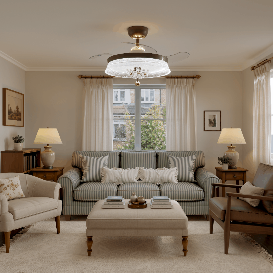 36 inch reversible ceiling fan with LED light highlighting the blade and light ring