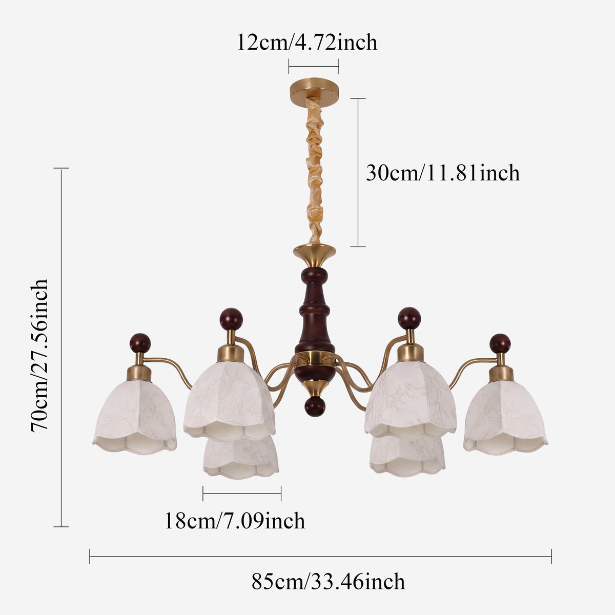 6-light chandelier with yellow fabric shades with close-up glass flower detail