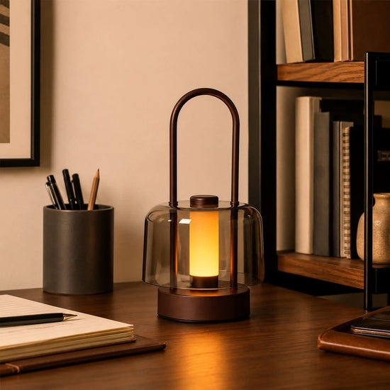 portable lantern-style ambient table lamp with close-up shade and base details