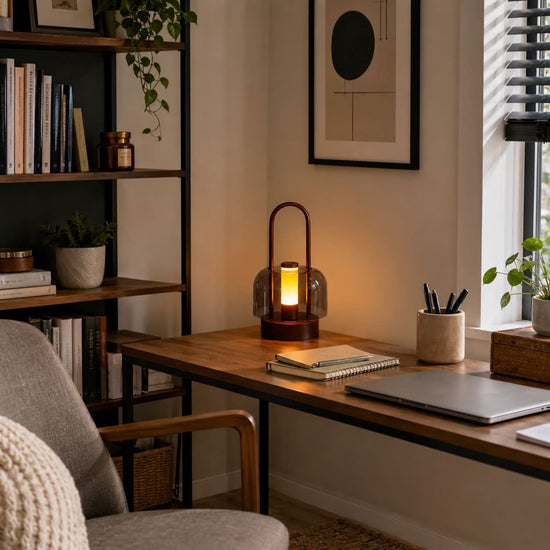 portable lantern-style ambient table lamp styled on a small side table