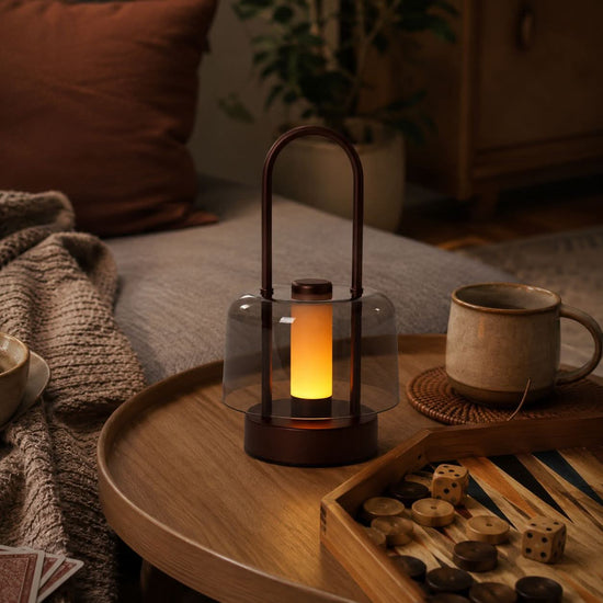 portable lantern-style ambient table lamp with a warm diffused glow