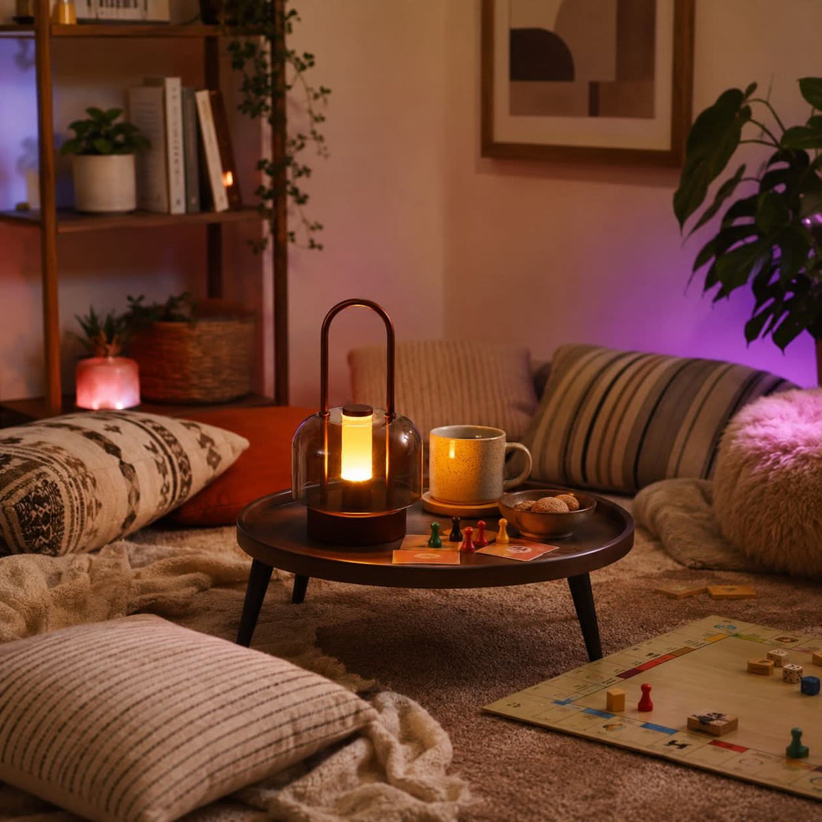 portable lantern-style ambient table lamp glowing on a bedside table