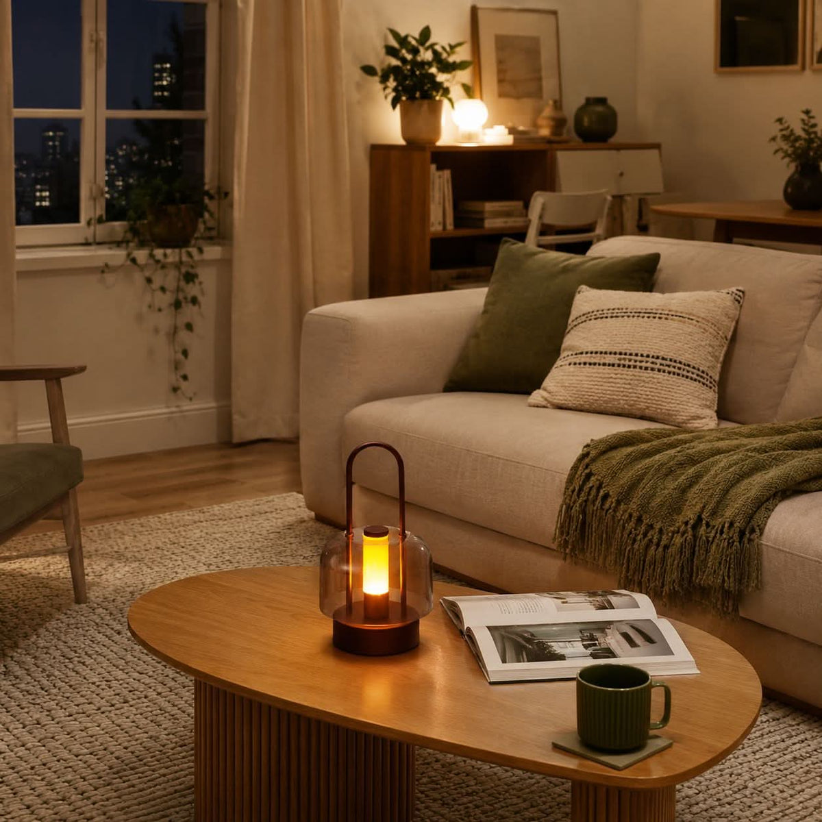 portable lantern-style ambient table lamp styled on a small side table