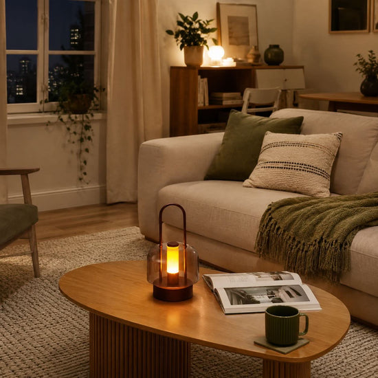 portable lantern-style ambient table lamp styled on a small side table