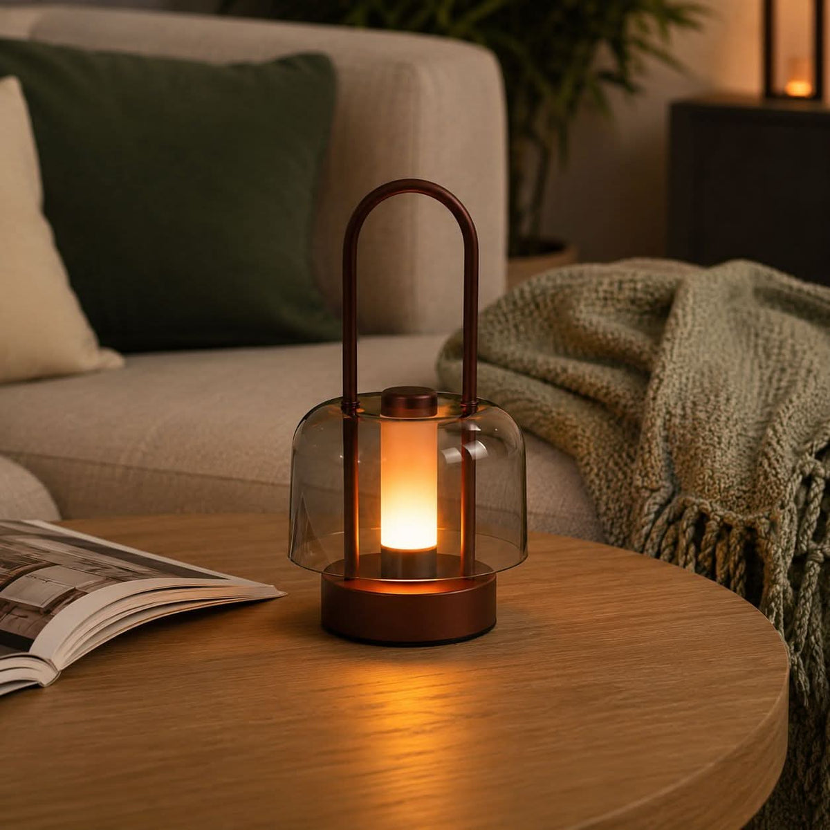 portable lantern-style ambient table lamp beside books and evening decor