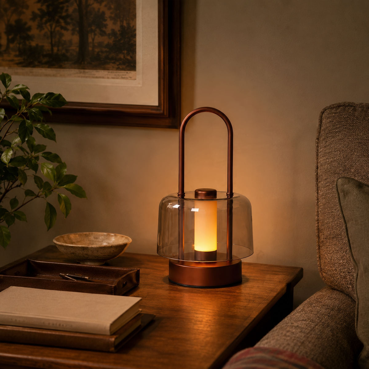 portable lantern-style ambient table lamp on a desk with soft ambient light