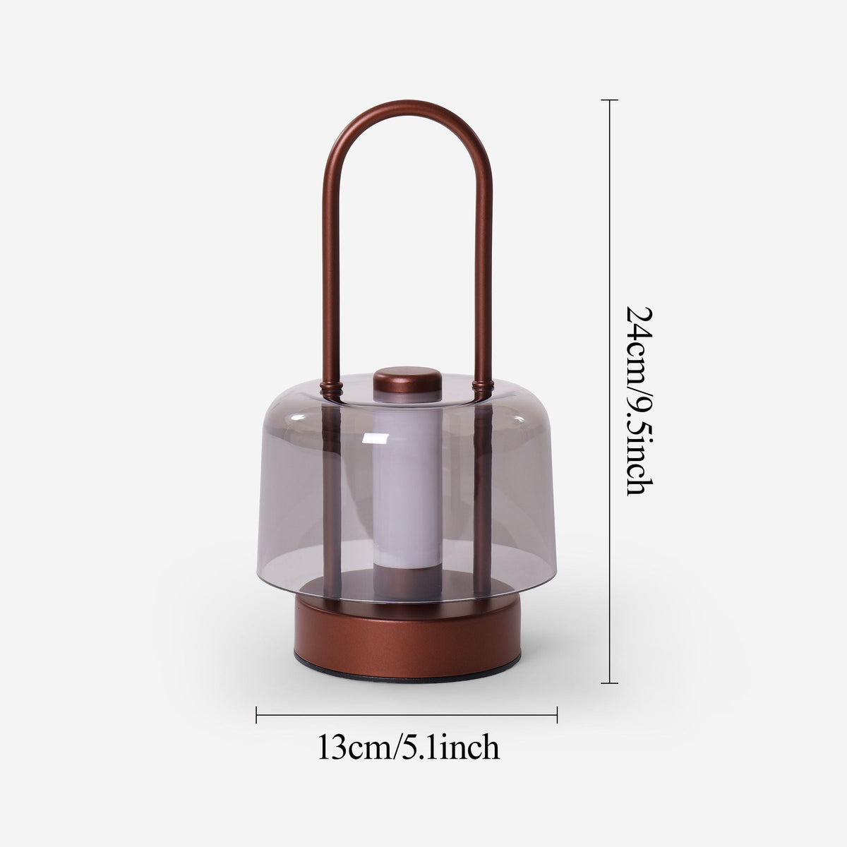 portable lantern-style ambient table lamp with close-up shade and base details