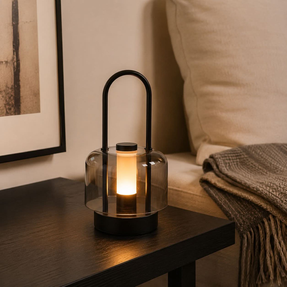 portable lantern-style ambient table lamp with a warm diffused glow