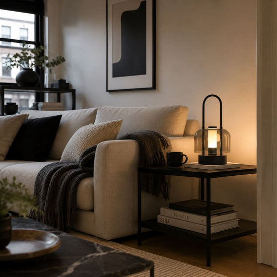 portable lantern-style ambient table lamp adding warm light to a bedroom