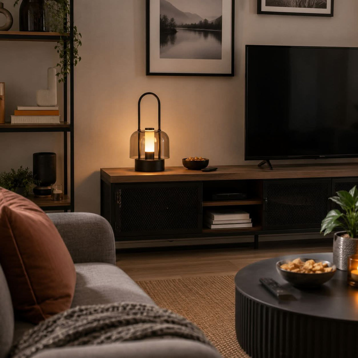 portable lantern-style ambient table lamp on a desk with soft ambient light