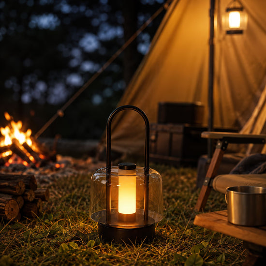 portable lantern-style ambient table lamp styled on a small side table