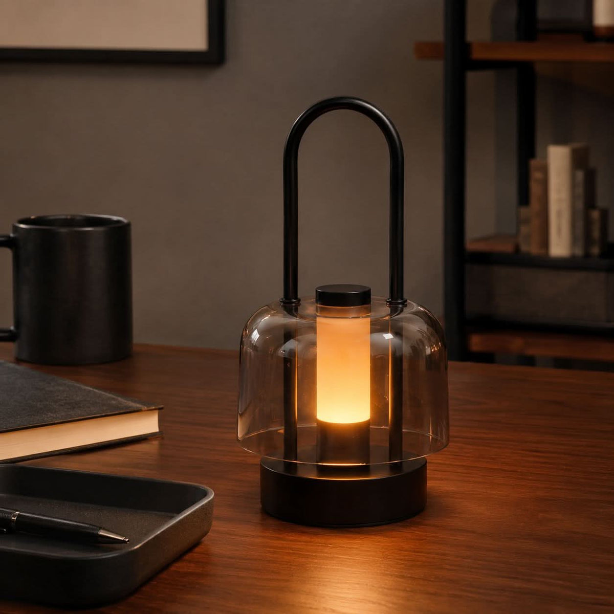 portable lantern-style ambient table lamp on a desk with soft ambient light