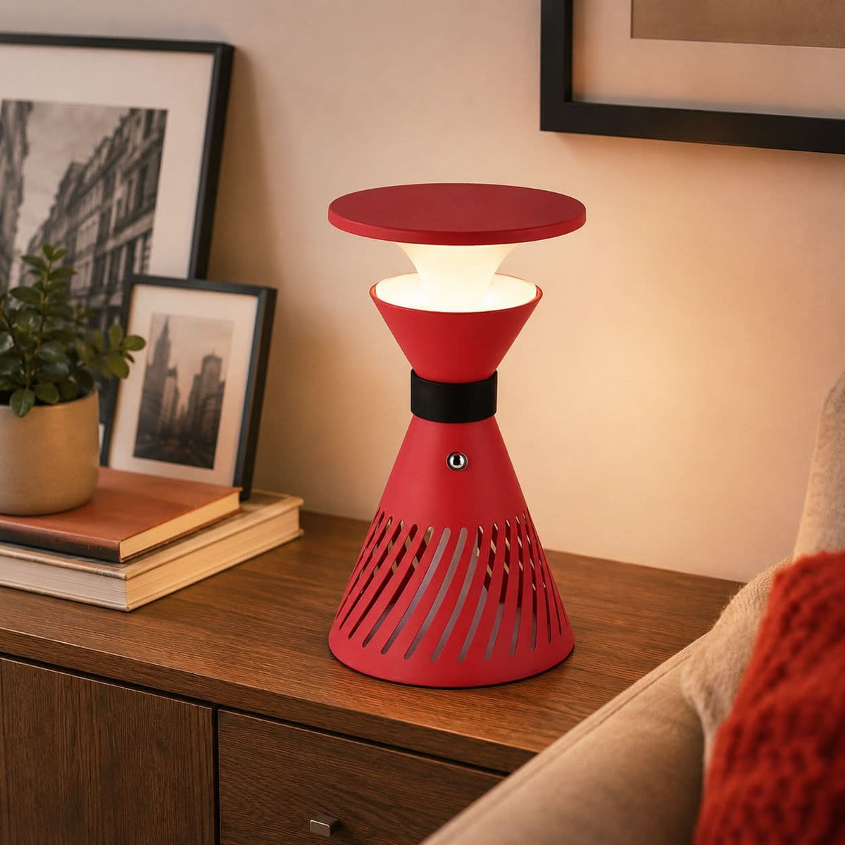 retro funnel cordless table lamp on a desk with soft ambient light