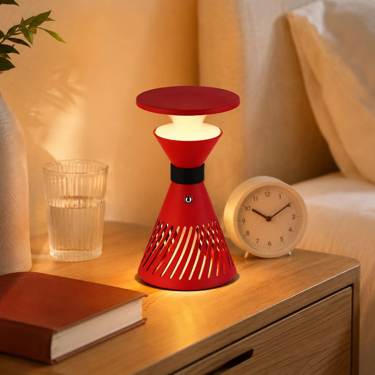 retro funnel cordless table lamp adding warm light to a bedroom