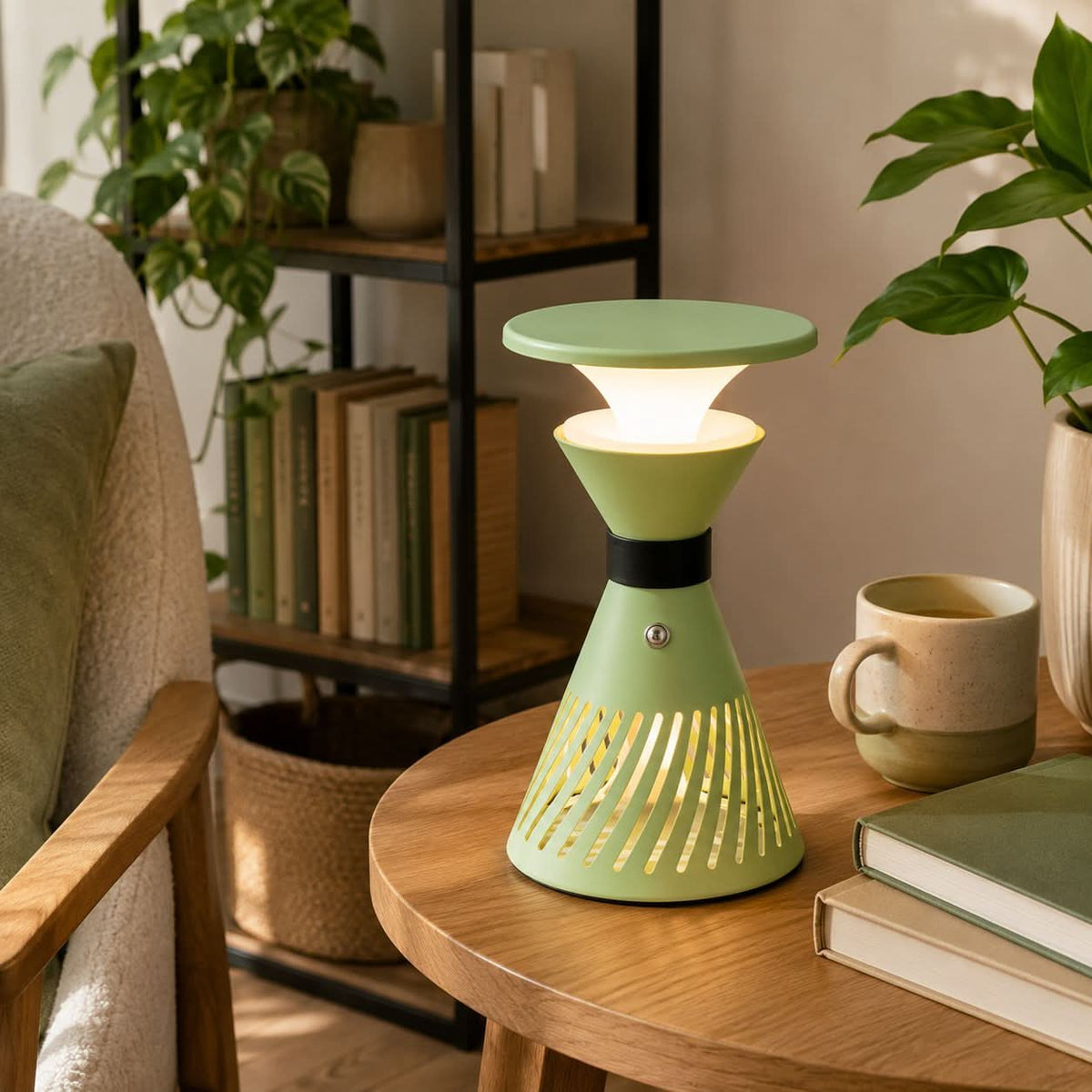 retro funnel cordless table lamp on a desk with soft ambient light
