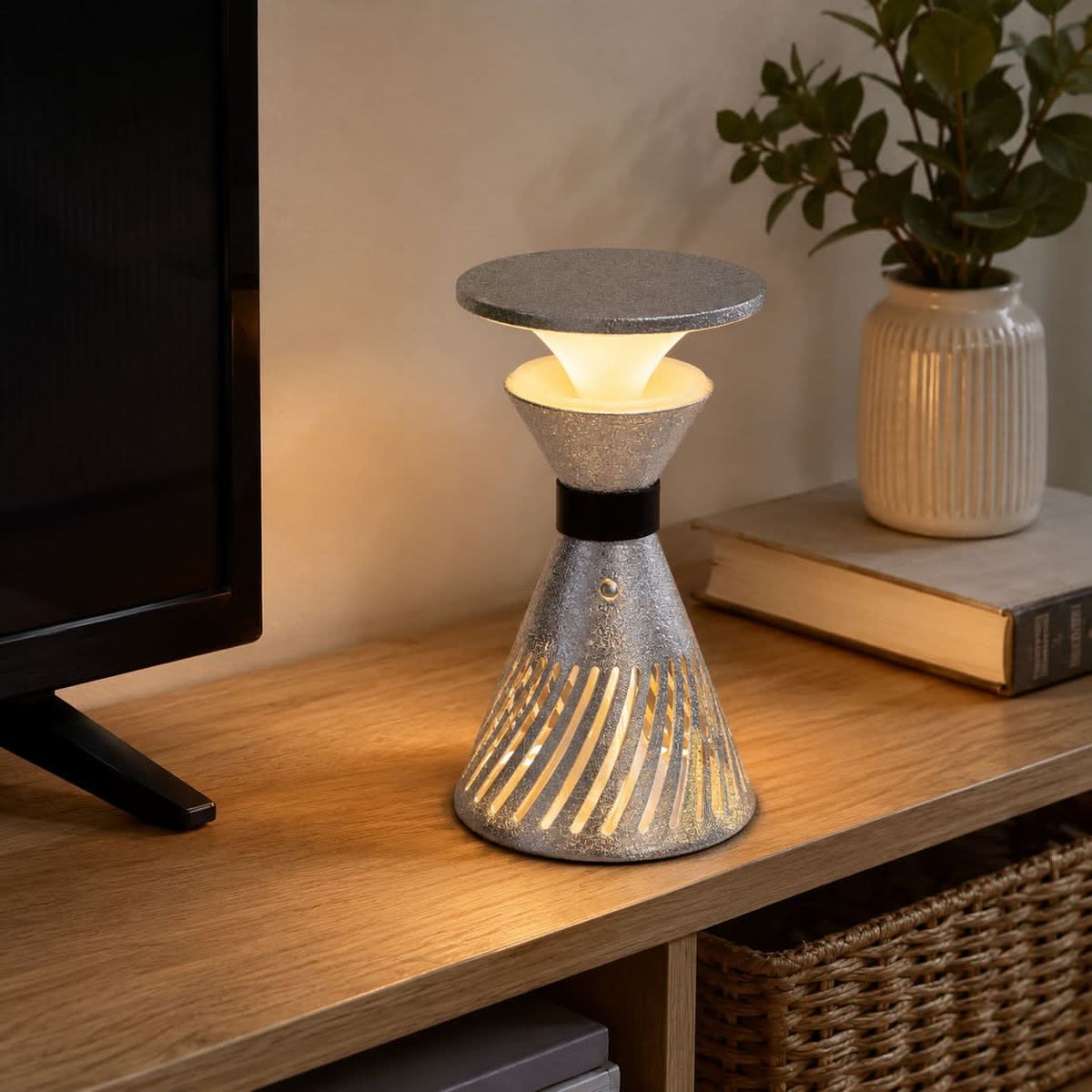 retro funnel cordless table lamp beside books and evening decor