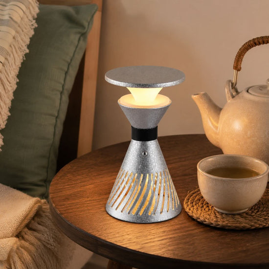 retro funnel cordless table lamp styled on a small side table